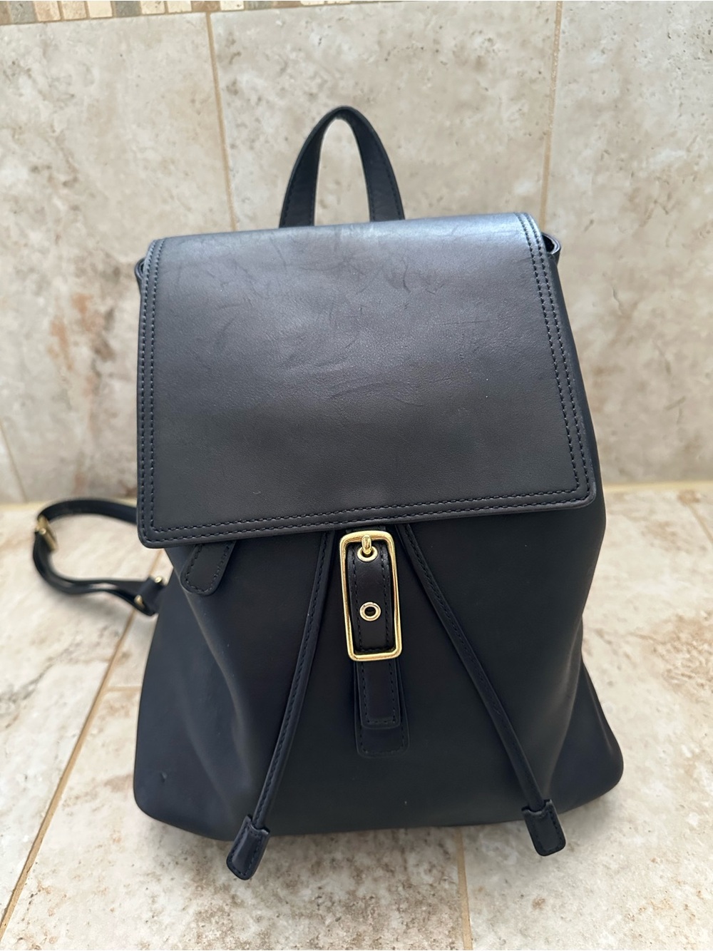 Coach Black Leather Drawstring Backpack with Gold Hardware